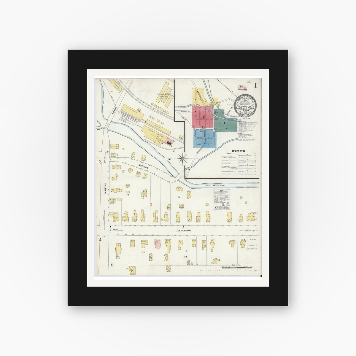 Old map wall art mockup — black gallery frame with white mat — Sanborn Fire Insurance Map from Ellicottville, Cattaraugus County, New York (1909) - Complete Map Set
