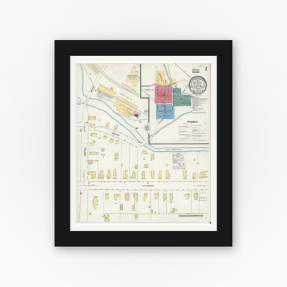 Old map wall art mockup — black gallery frame with white mat — Sanborn Fire Insurance Map from Ellicottville, Cattaraugus County, New York (1909) - Complete Map Set