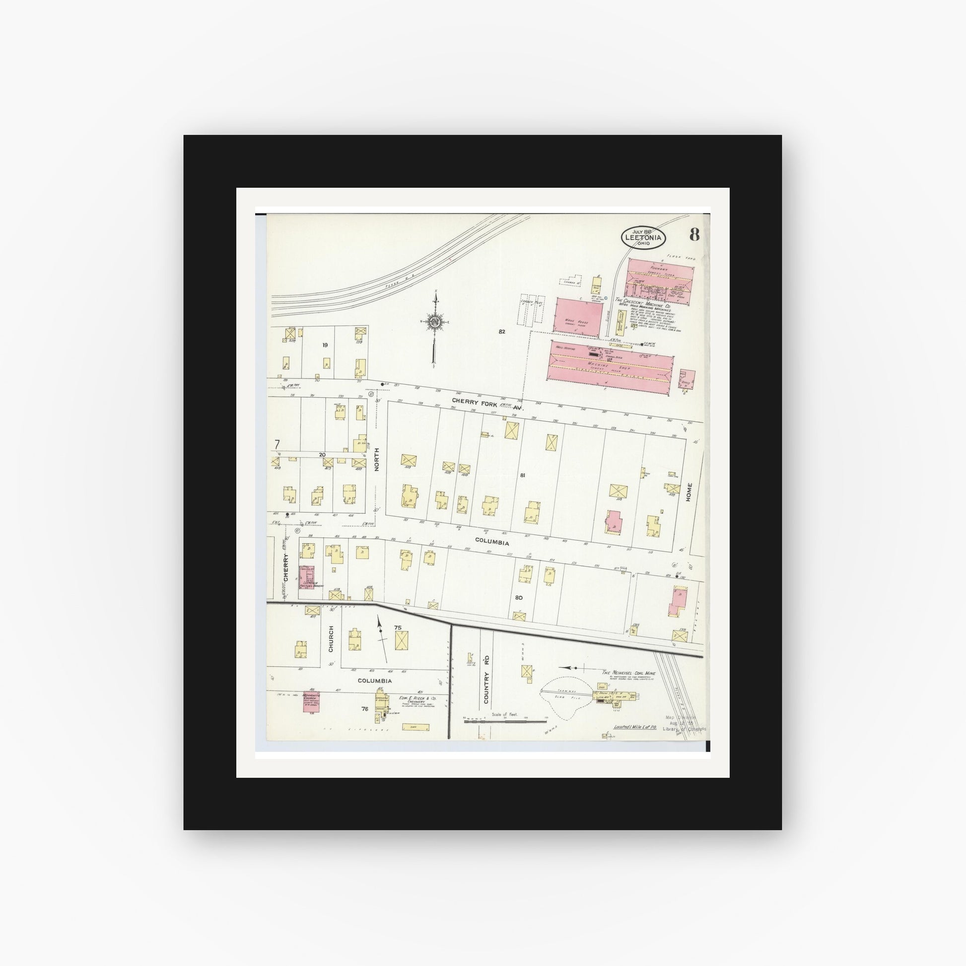 Old map wall art mockup — black gallery frame with white mat — Sanborn Fire Insurance Map from Leetonia, Columbiana County, Ohio (1910), Sheet #0008