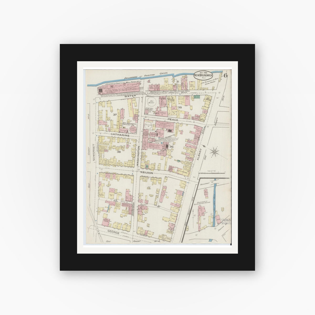 Old map wall art mockup — black gallery frame with white mat — Sanborn Fire Insurance Map from New Brunswick, Middlesex County, New Jersey (1886), Sheet #0006