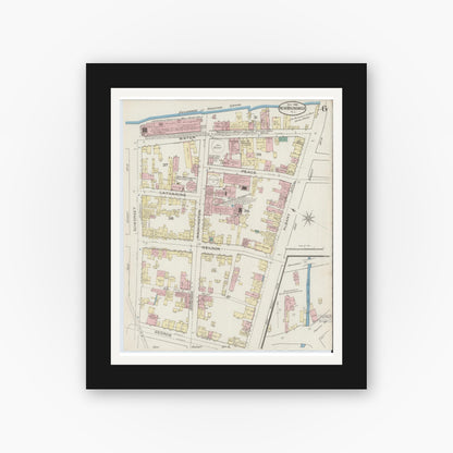 Old map wall art mockup — black gallery frame with white mat — Sanborn Fire Insurance Map from New Brunswick, Middlesex County, New Jersey (1886), Sheet #0006