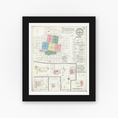 Old map wall art mockup — black gallery frame with white mat — Sanborn Fire Insurance Map from Cresco, Howard County, Iowa (1914) â€” Complete Set