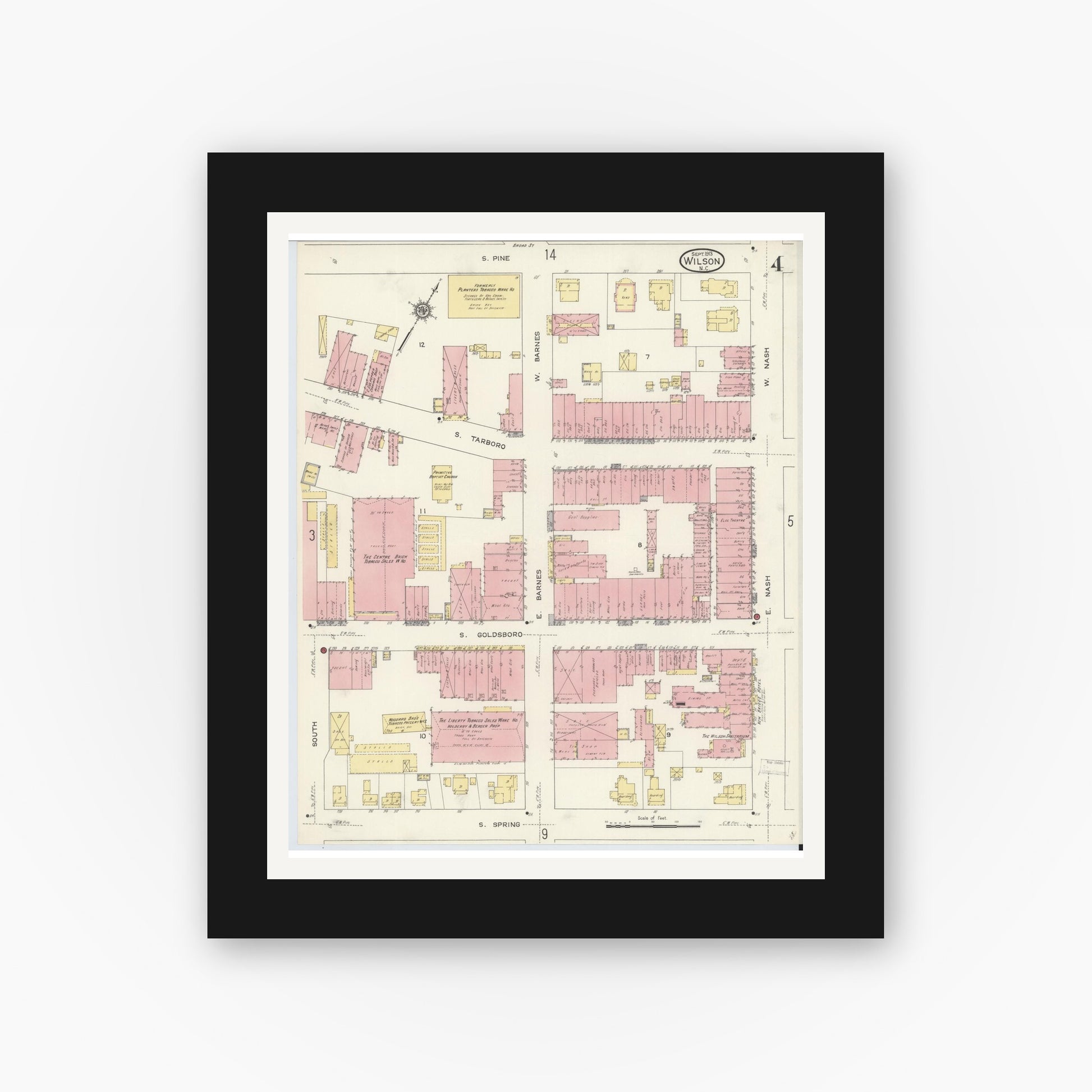 Old map wall art mockup — black gallery frame with white mat — Sanborn Fire Insurance Map from Wilson, Wilson County, North Carolina (1913), Sheet #0004