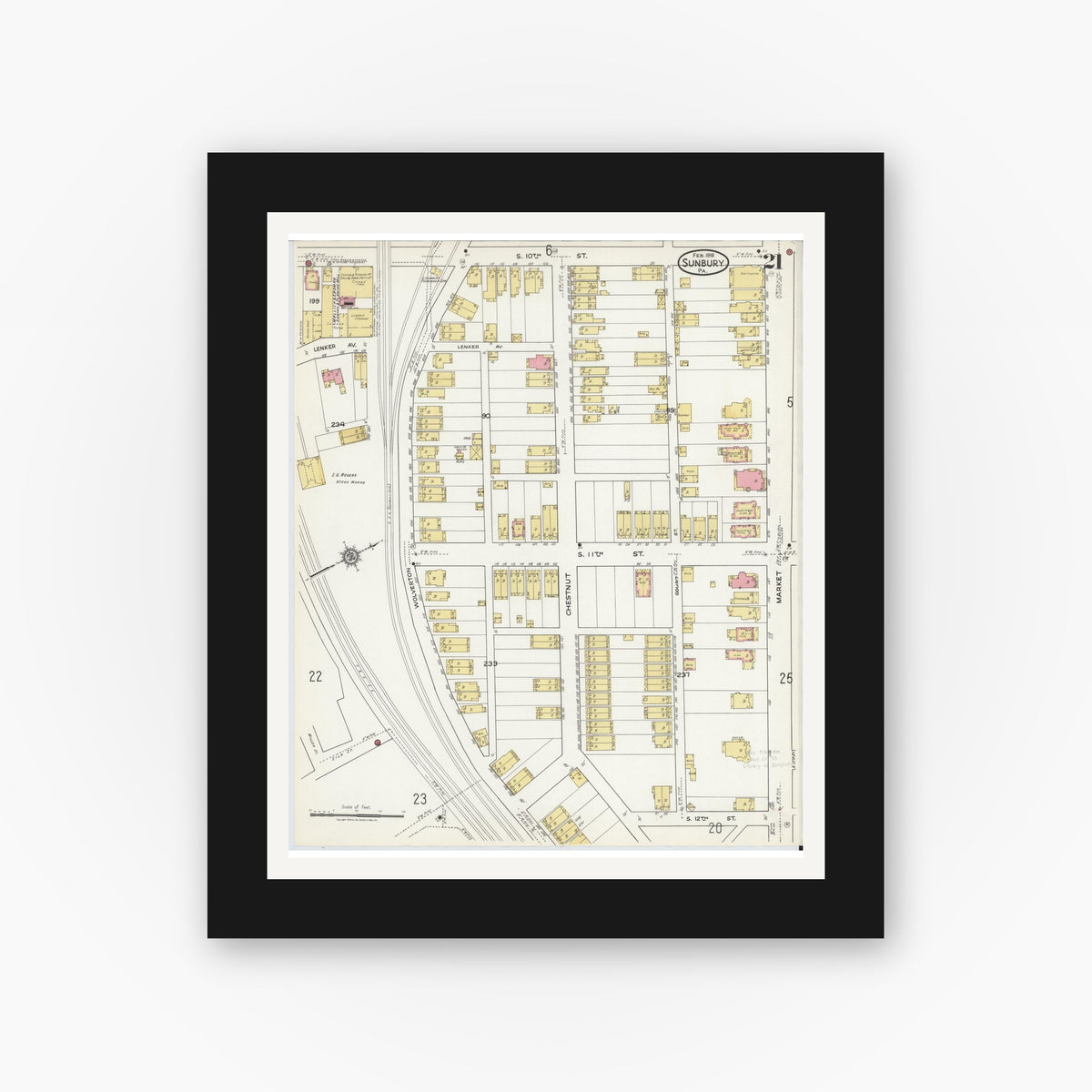 Old map wall art mockup — black gallery frame with white mat — Sanborn Fire Insurance Map from Sunbury, Northumberland County, Pennsylvania (1918), Sheet #0021