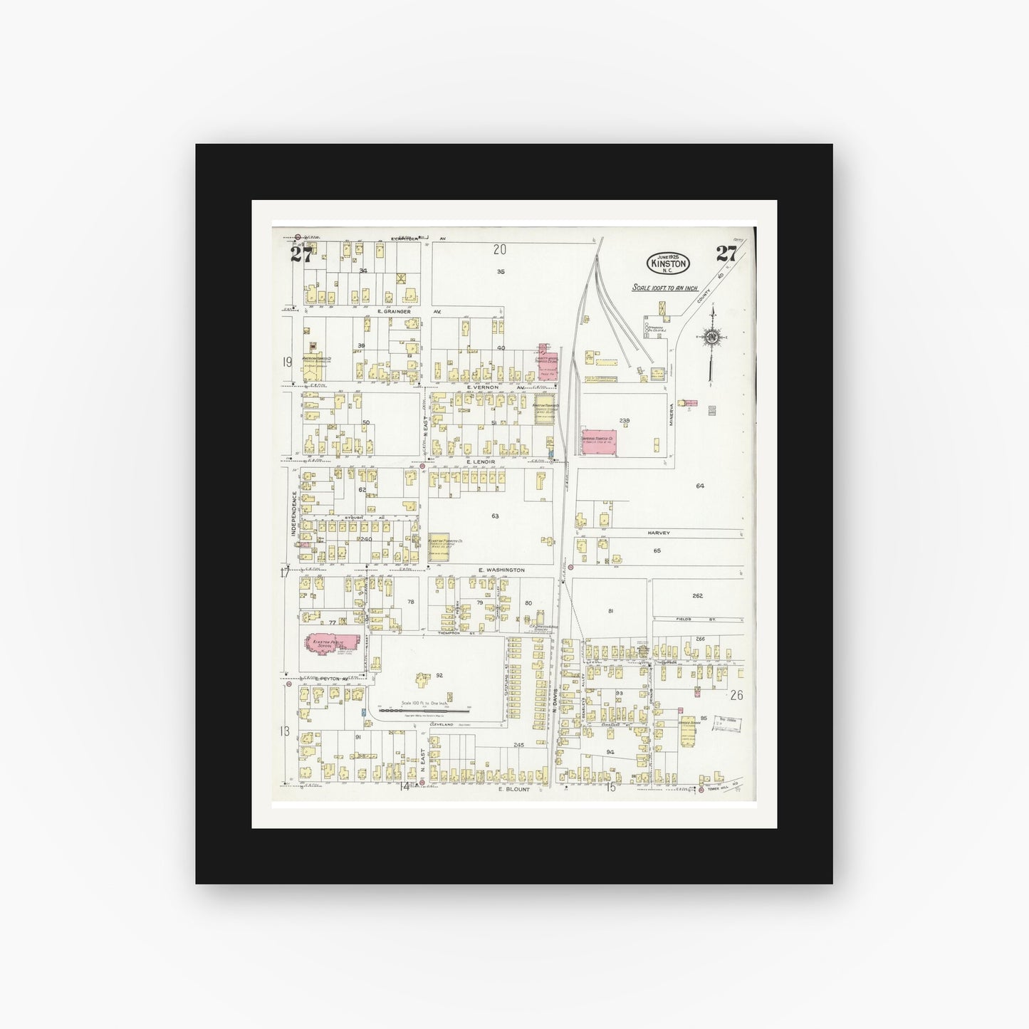 Old map wall art mockup — black gallery frame with white mat — Sanborn Fire Insurance Map from Kinston, Lenoir County, North Carolina (1925), Sheet #0027