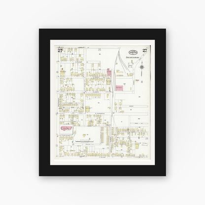 Old map wall art mockup — black gallery frame with white mat — Sanborn Fire Insurance Map from Kinston, Lenoir County, North Carolina (1925), Sheet #0027