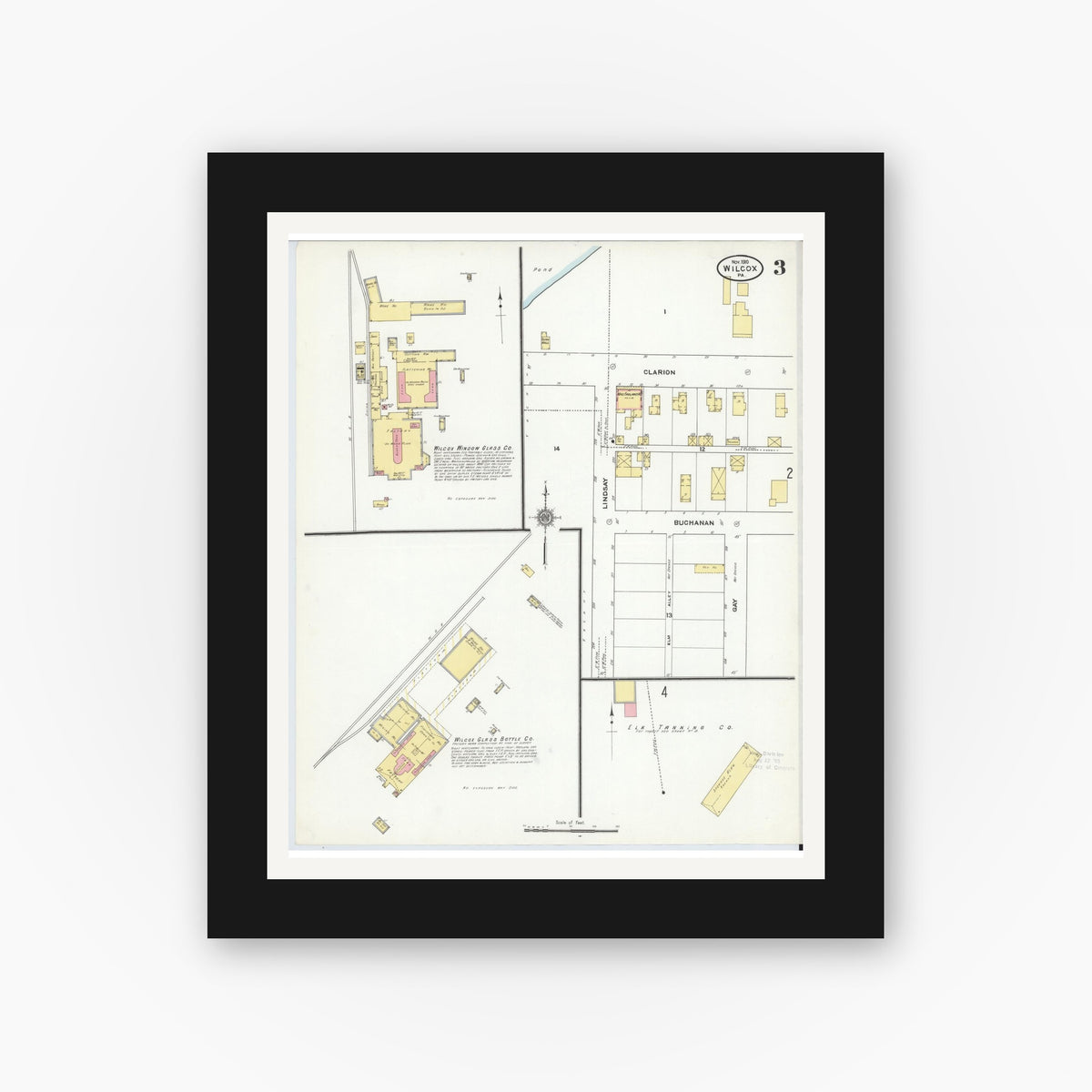 Old map wall art mockup — black gallery frame with white mat — Sanborn Fire Insurance Map from Wilcox, Elk County, Pennsylvania (1910), Sheet #0003