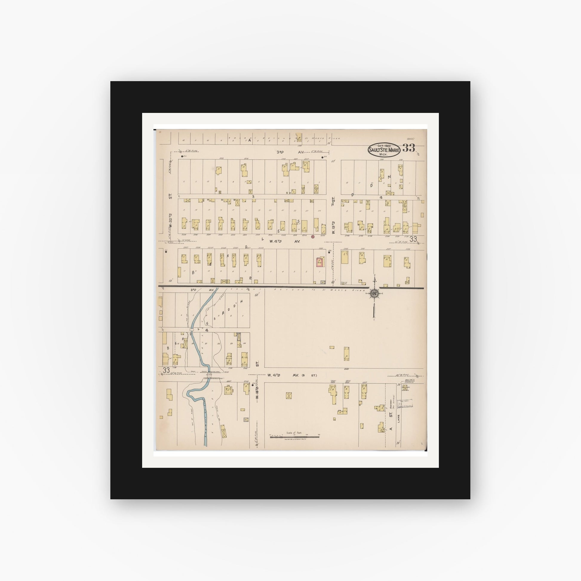 Old map wall art mockup — black gallery frame with white mat — Sanborn Fire Insurance Map from Sault Sainte Marie, Chippewa County, Michigan (1922), Sheet #0033