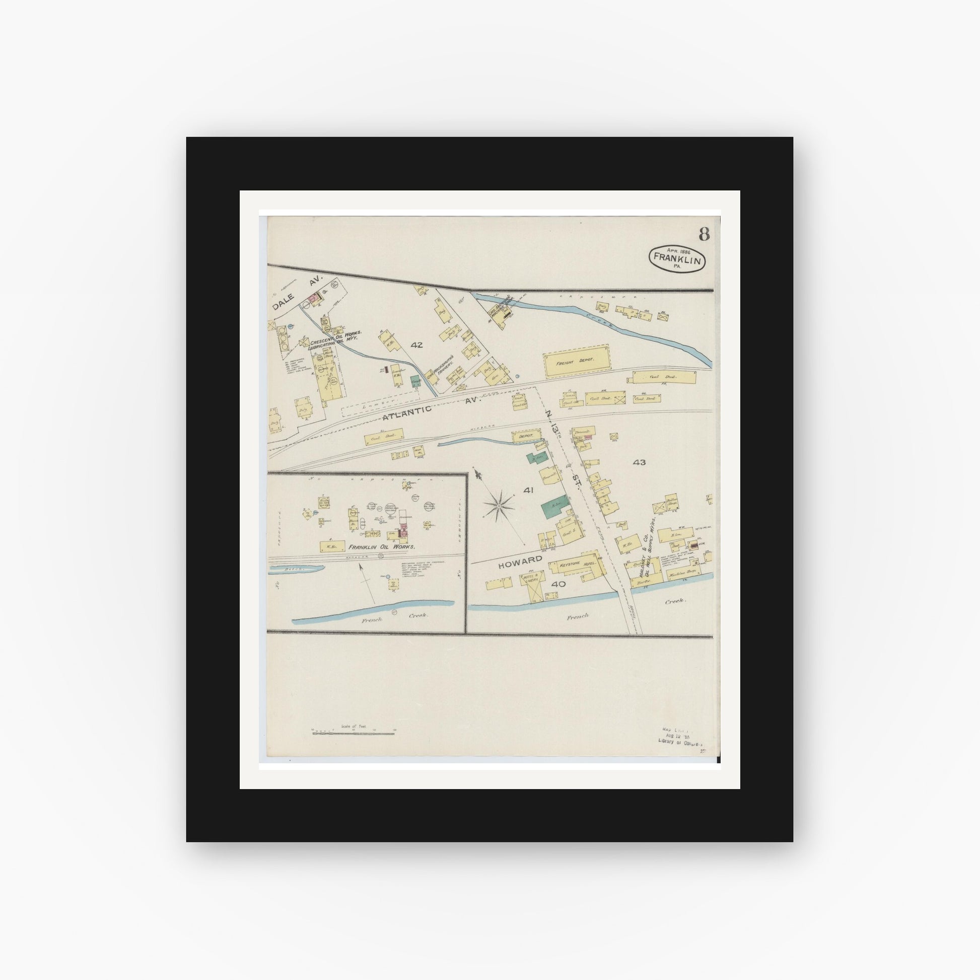 Old map wall art mockup — black gallery frame with white mat — Sanborn Fire Insurance Map from Franklin, Venango County, Pennsylvania (1888), Sheet #0008