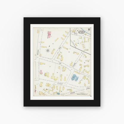 Old map wall art mockup — black gallery frame with white mat — Sanborn Fire Insurance Map from Methuen, Essex County, Massachusetts (1892), Sheet #0002