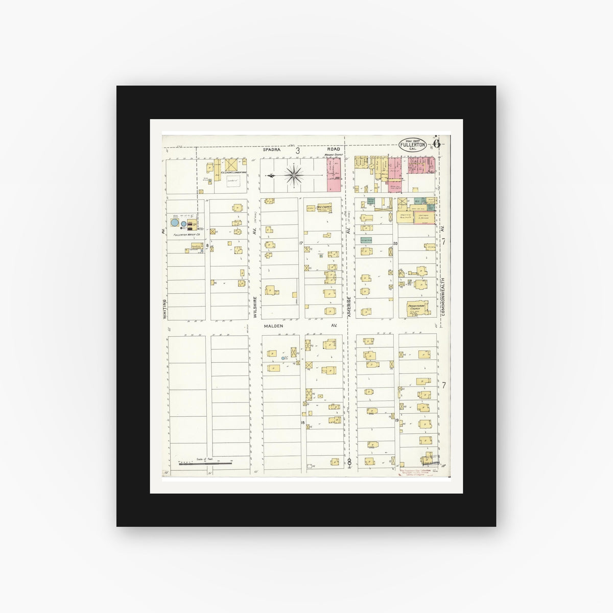Old map wall art mockup — black gallery frame with white mat — Sanborn Fire Insurance Map from Fullerton, Orange County, California (1907), Sheet #0006