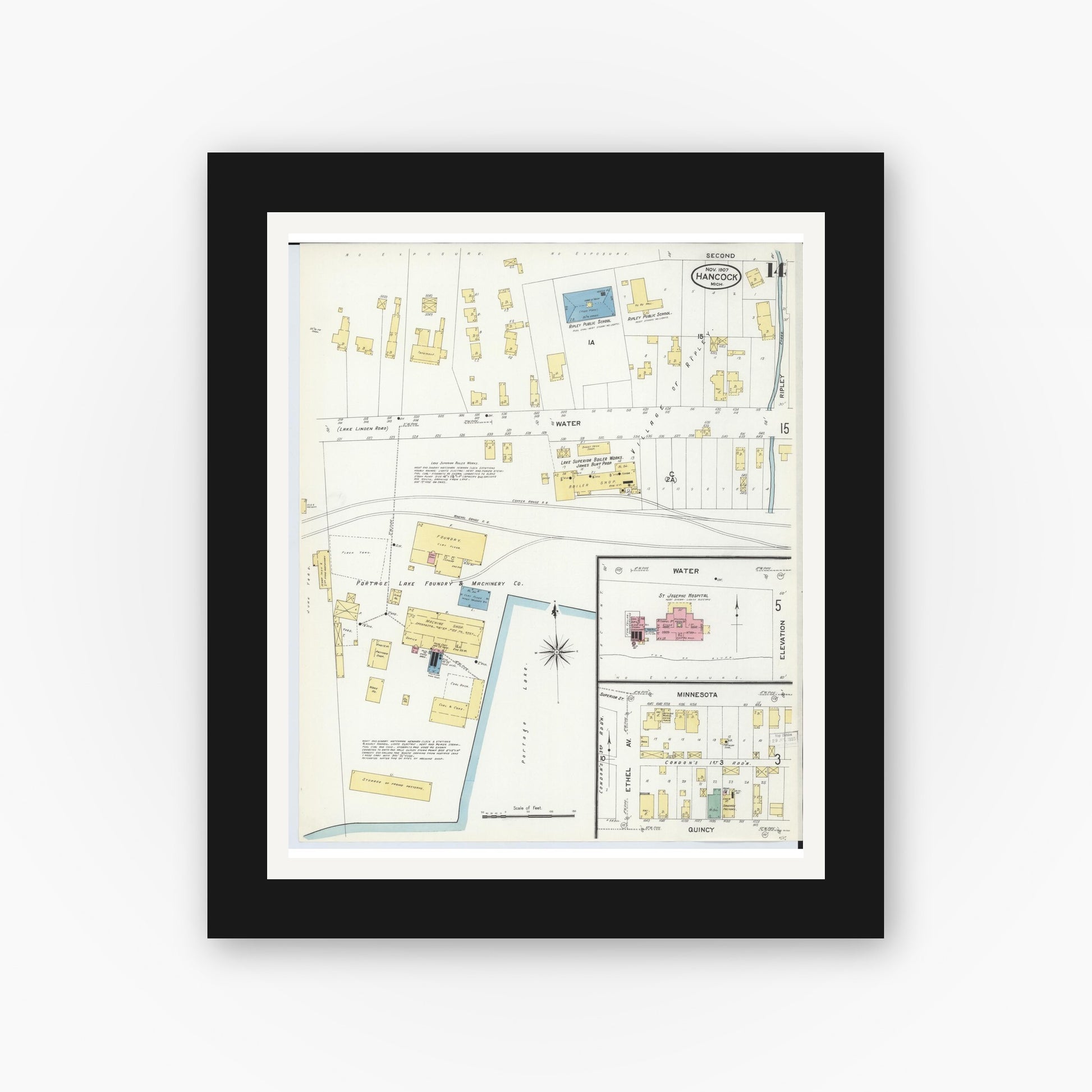 Old map wall art mockup — black gallery frame with white mat — Sanborn Fire Insurance Map from Hancock, Houghton County, Michigan (1907), Sheet #0014