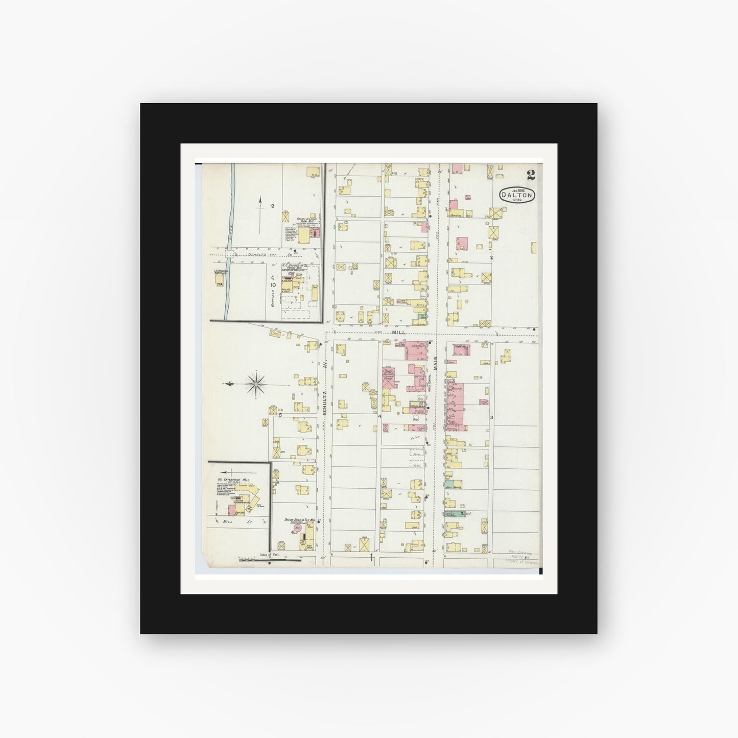 Old map wall art mockup — black gallery frame with white mat — Sanborn Fire Insurance Map from Dalton, Wayne County, Ohio (1896), Sheet #0002