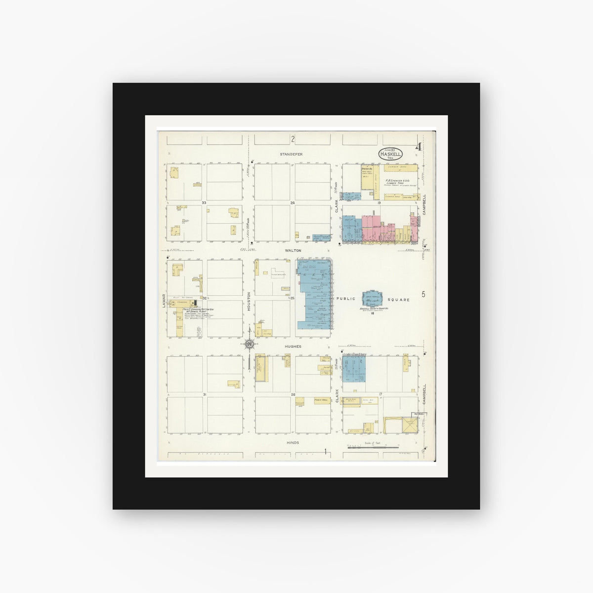 Old map wall art mockup — black gallery frame with white mat — Sanborn Fire Insurance Map from Haskell, Haskell County, Texas (1913), Sheet #0004