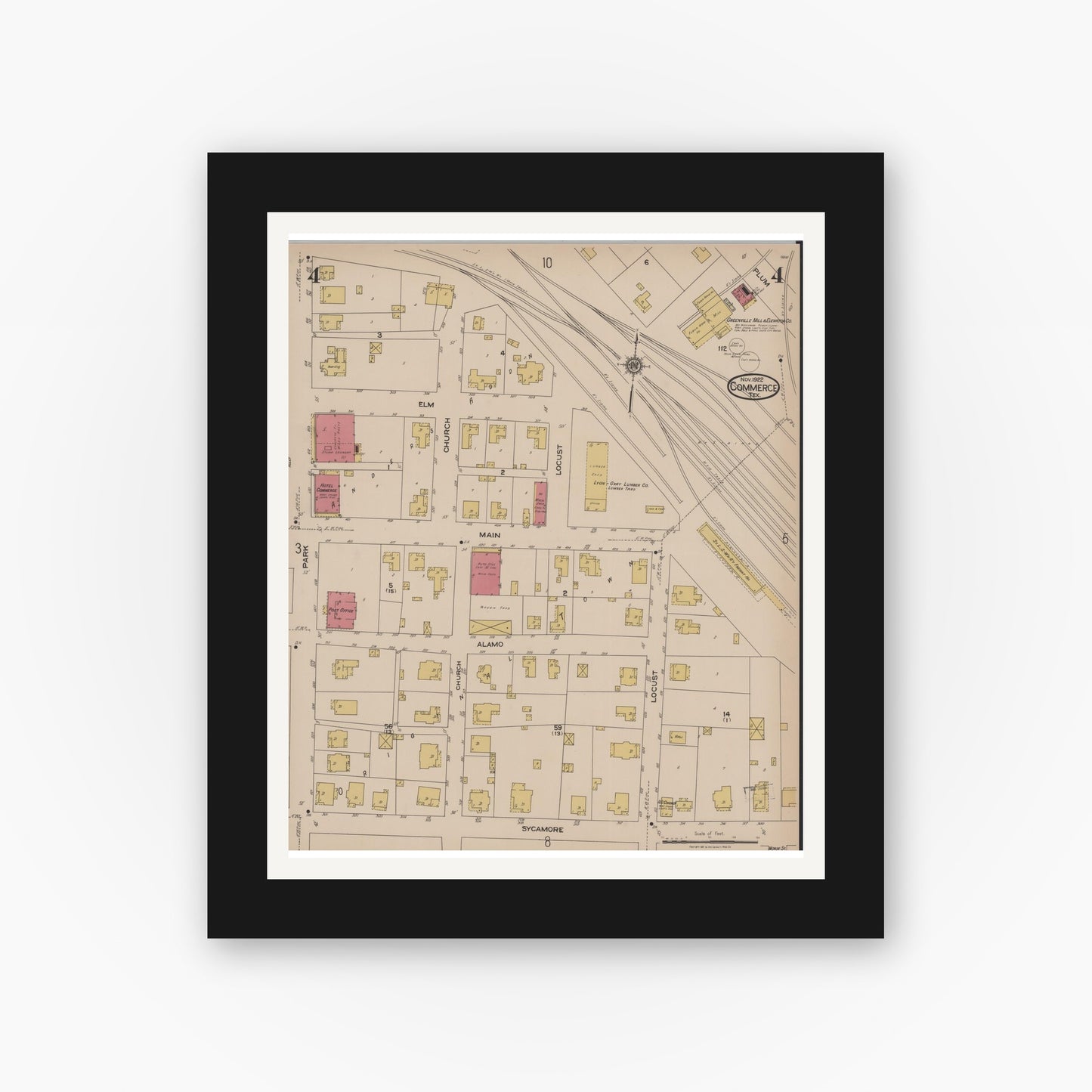 Old map wall art mockup — black gallery frame with white mat — Sanborn Fire Insurance Map from Commerce, Hunt County, Texas (1922), Sheet #0004
