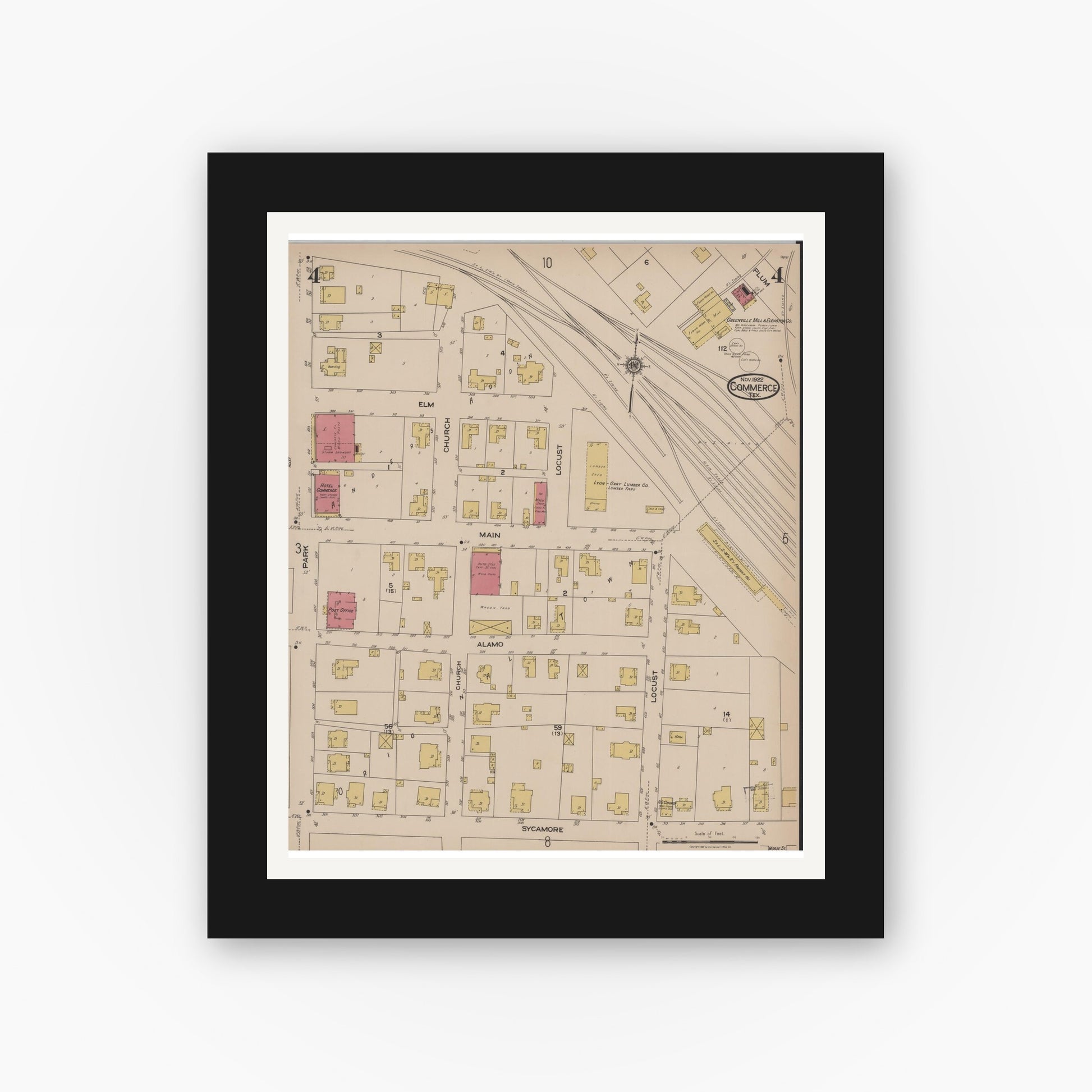 Old map wall art mockup — black gallery frame with white mat — Sanborn Fire Insurance Map from Commerce, Hunt County, Texas (1922), Sheet #0004
