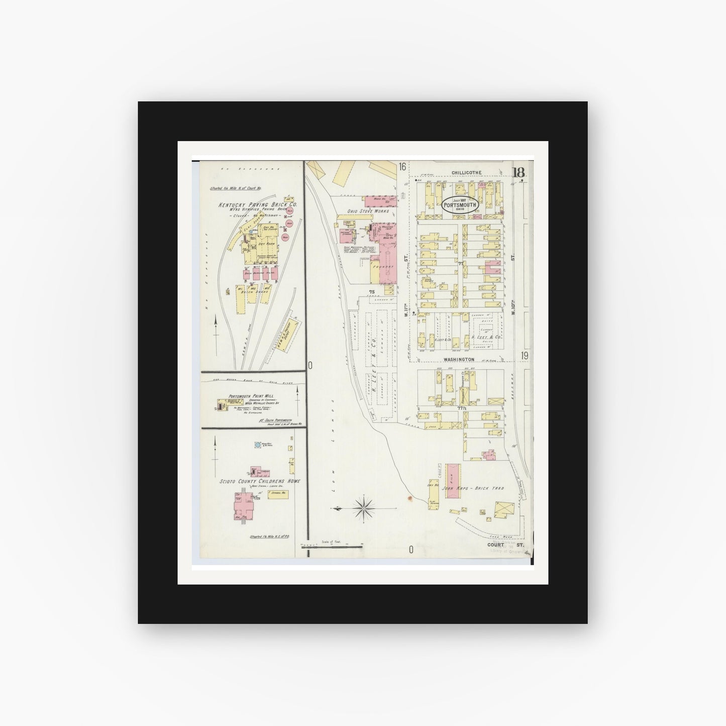 Old map wall art mockup — black gallery frame with white mat — Sanborn Fire Insurance Map from Portsmouth, Scioto County, Ohio (1897), Sheet #0018