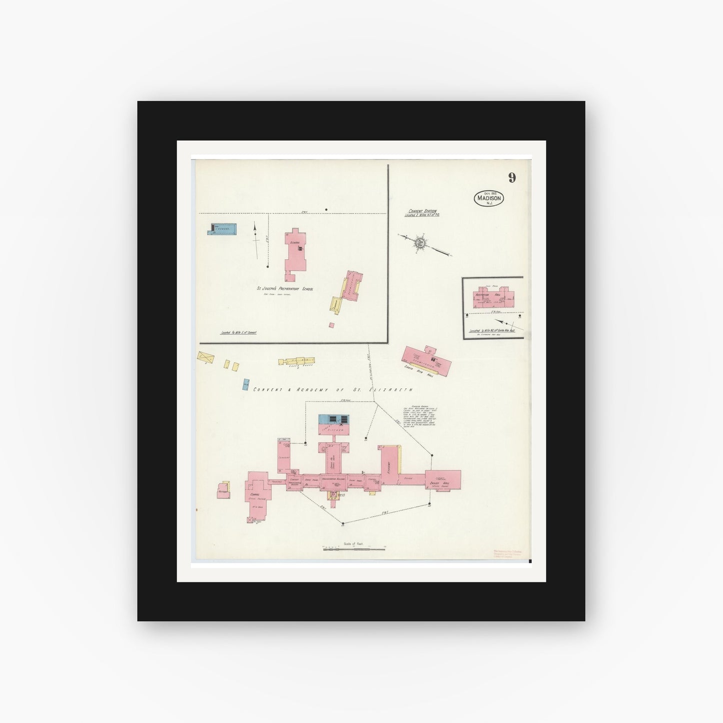 Old map wall art mockup — black gallery frame with white mat — Sanborn Fire Insurance Map from Madison, Morris County, New Jersey (1912), Sheet #0009