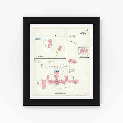 Old map wall art mockup — black gallery frame with white mat — Sanborn Fire Insurance Map from Madison, Morris County, New Jersey (1912), Sheet #0009