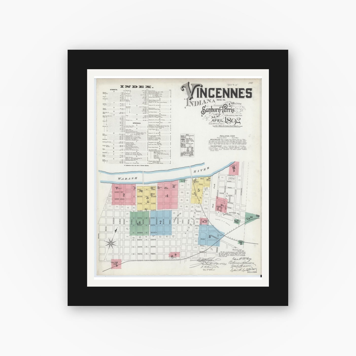 Old map wall art mockup — black gallery frame with white mat — Sanborn Fire Insurance Map from Vincennes, Knox County, Indiana (1892) - Complete Map Set