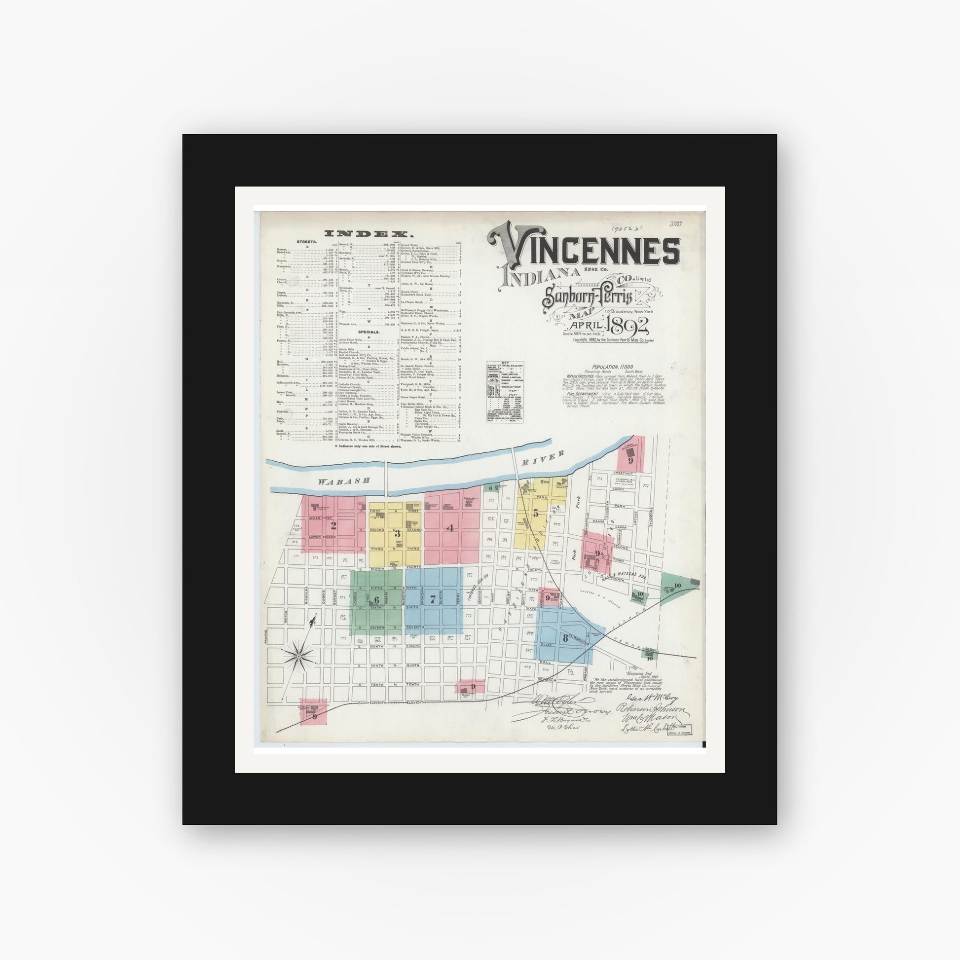 Old map wall art mockup — black gallery frame with white mat — Sanborn Fire Insurance Map from Vincennes, Knox County, Indiana (1892) - Complete Map Set