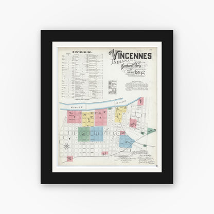 Old map wall art mockup — black gallery frame with white mat — Sanborn Fire Insurance Map from Vincennes, Knox County, Indiana (1892) - Complete Map Set