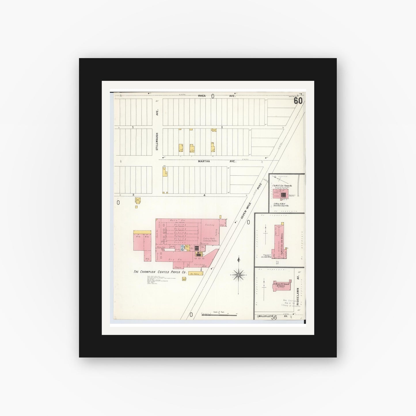Old map wall art mockup — black gallery frame with white mat — Sanborn Fire Insurance Map from Hamilton, Butler County, Ohio (1899), Sheet #0060