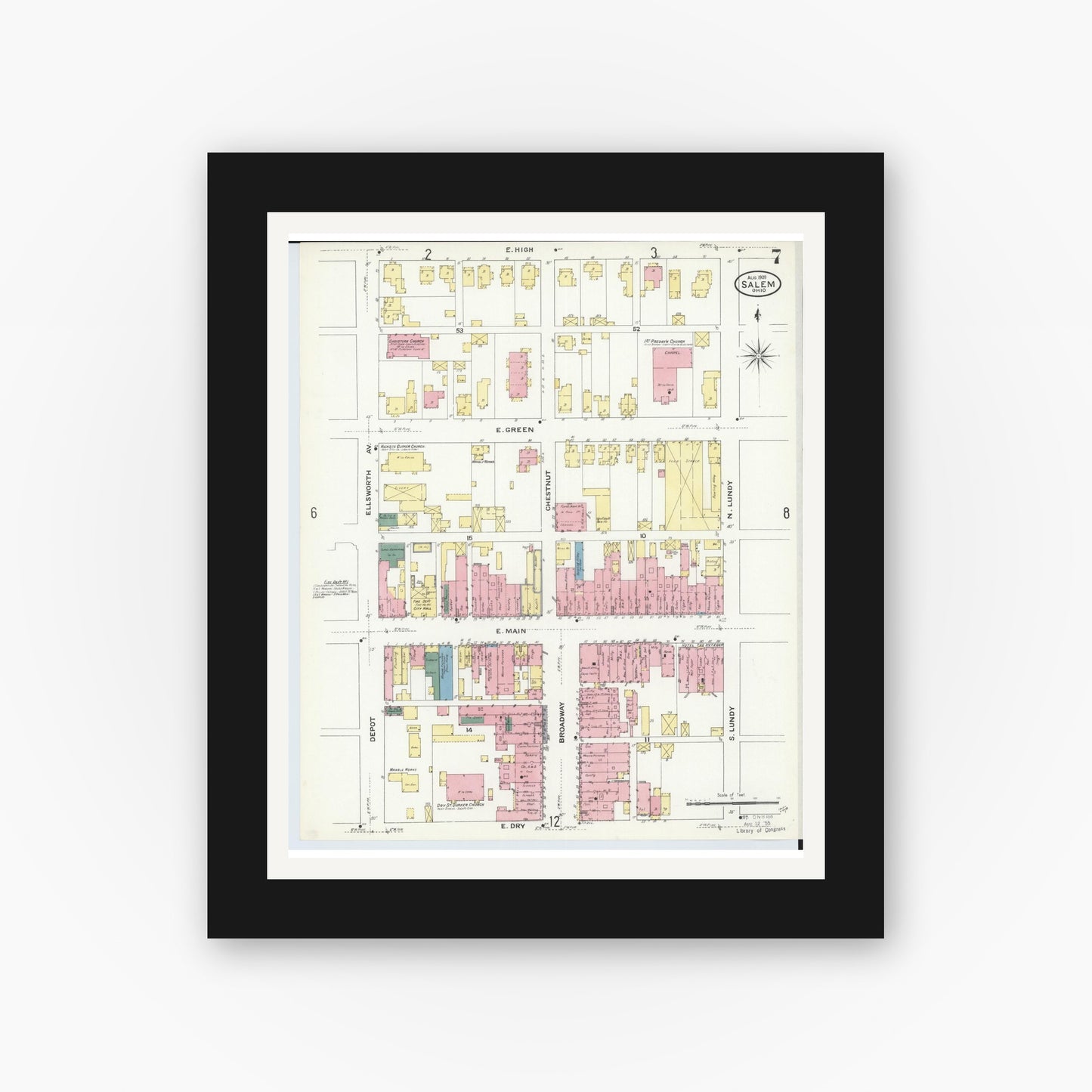 Old map wall art mockup — black gallery frame with white mat — Sanborn Fire Insurance Map from Salem, Columbiana County, Ohio (1909), Sheet #0007