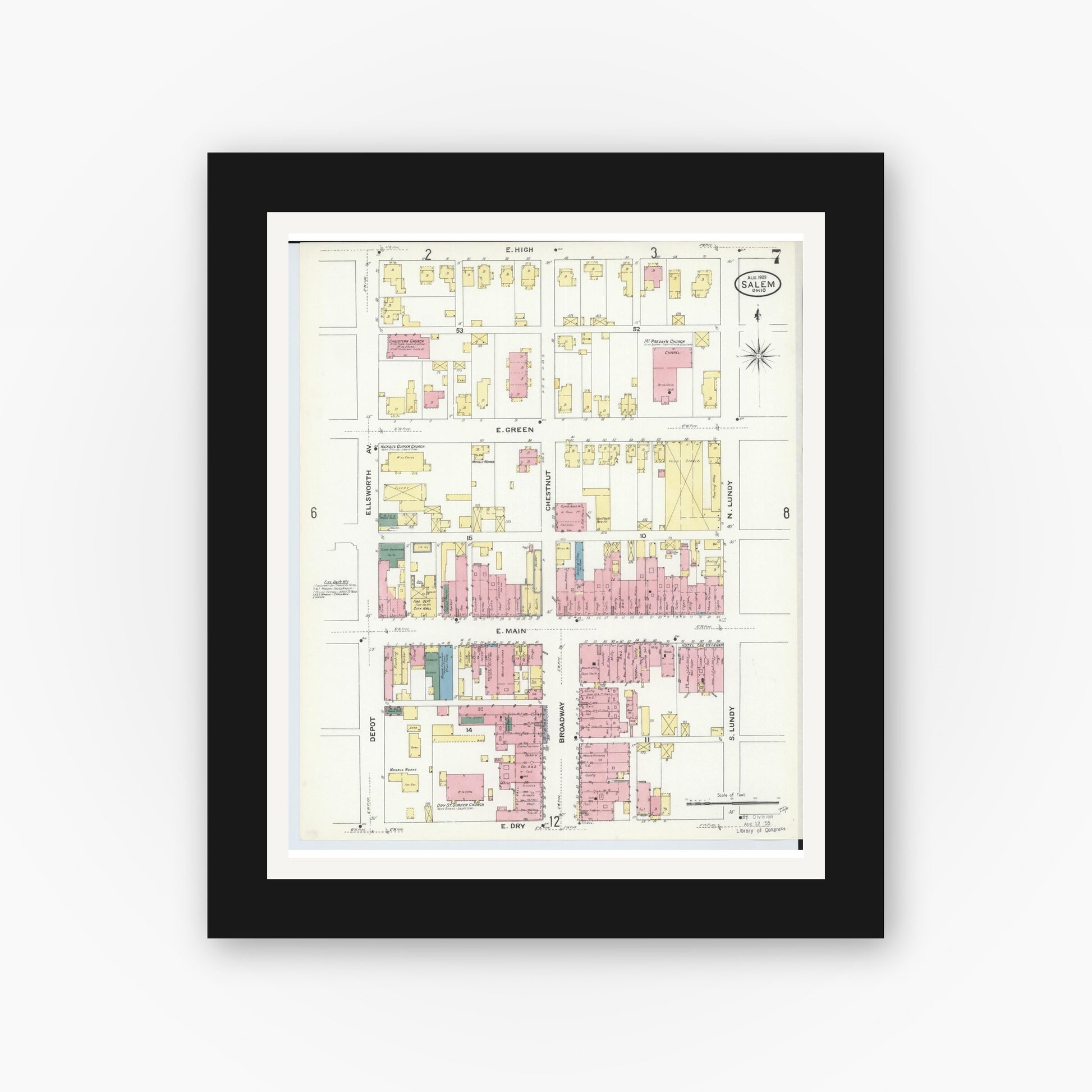 Old map wall art mockup — black gallery frame with white mat — Sanborn Fire Insurance Map from Salem, Columbiana County, Ohio (1909), Sheet #0007