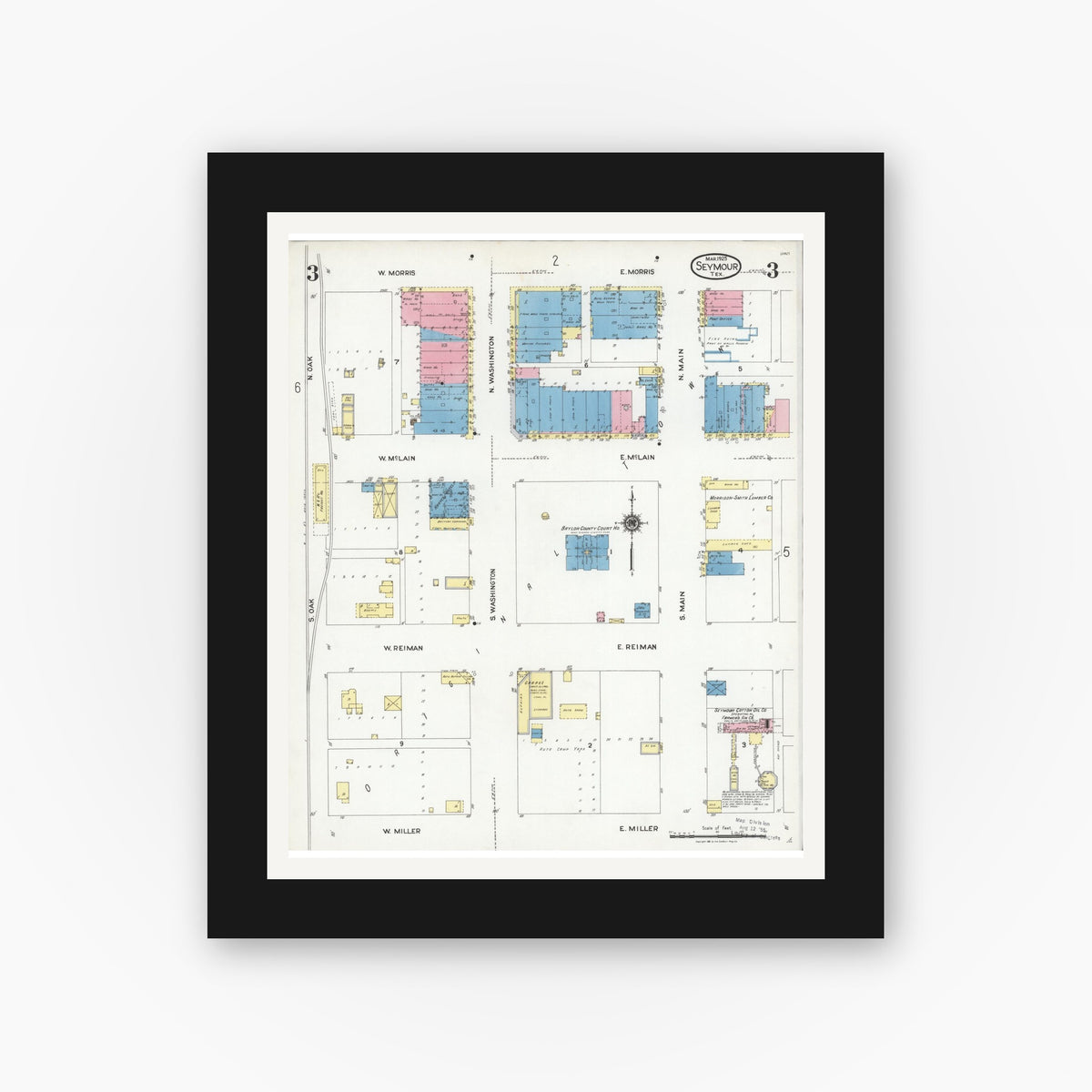 Old map wall art mockup — black gallery frame with white mat — Sanborn Fire Insurance Map from Seymour, Baylor County, Texas (1925), Sheet #0003