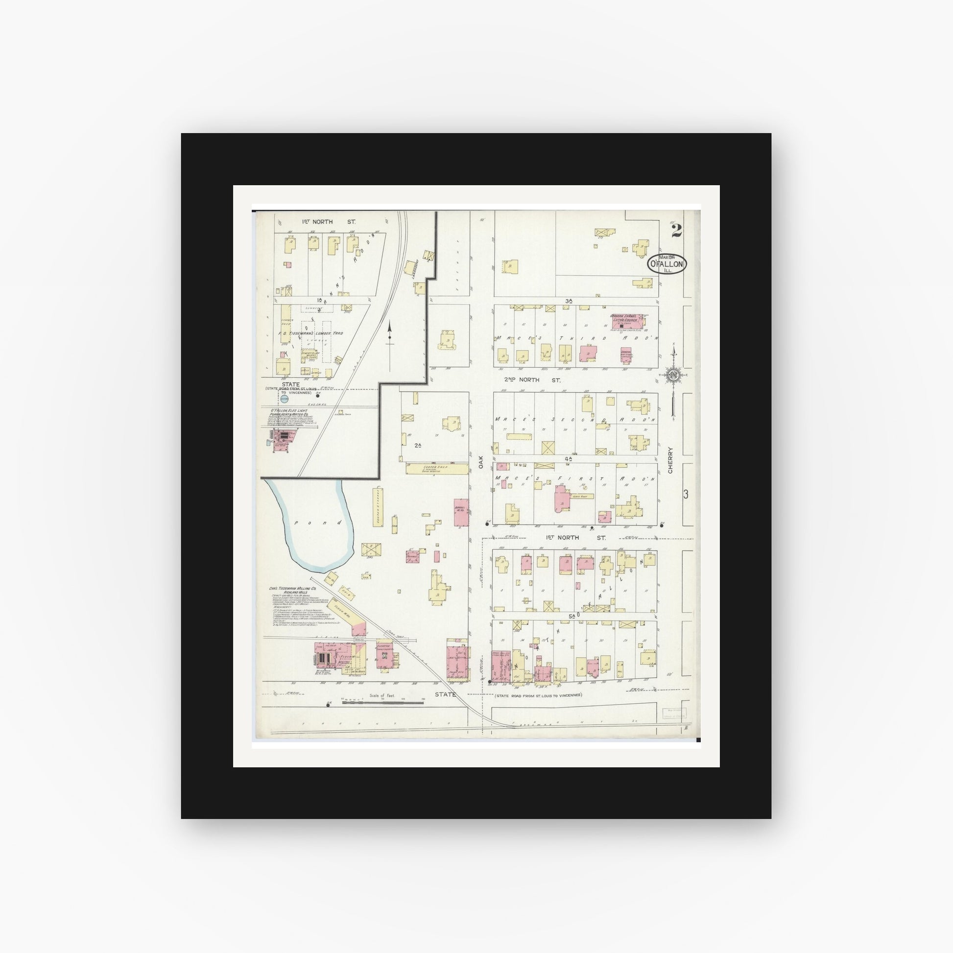 Old map wall art mockup — black gallery frame with white mat — Sanborn Fire Insurance Map from O'Fallon, Saint Clair County, Illinois (1914), Sheet #0002
