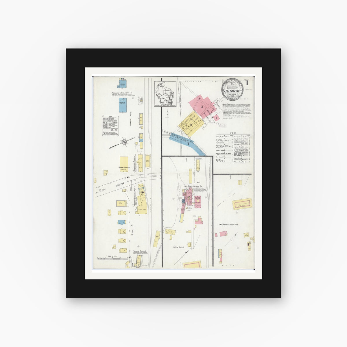 Old map wall art mockup — black gallery frame with white mat — Sanborn Fire Insurance Map from Schleisingerville, Washington County, Wisconsin (1913), Sheet #0001