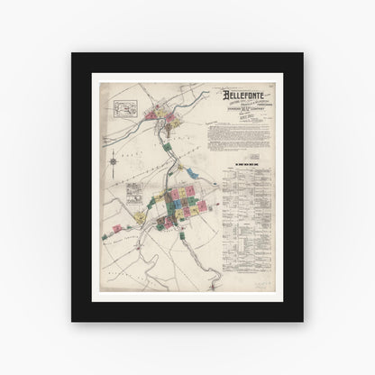 Old map wall art mockup — black gallery frame with white mat — Sanborn Fire Insurance Map from Bellefonte, Centre County, Pennsylvania (1922), Sheet #0001