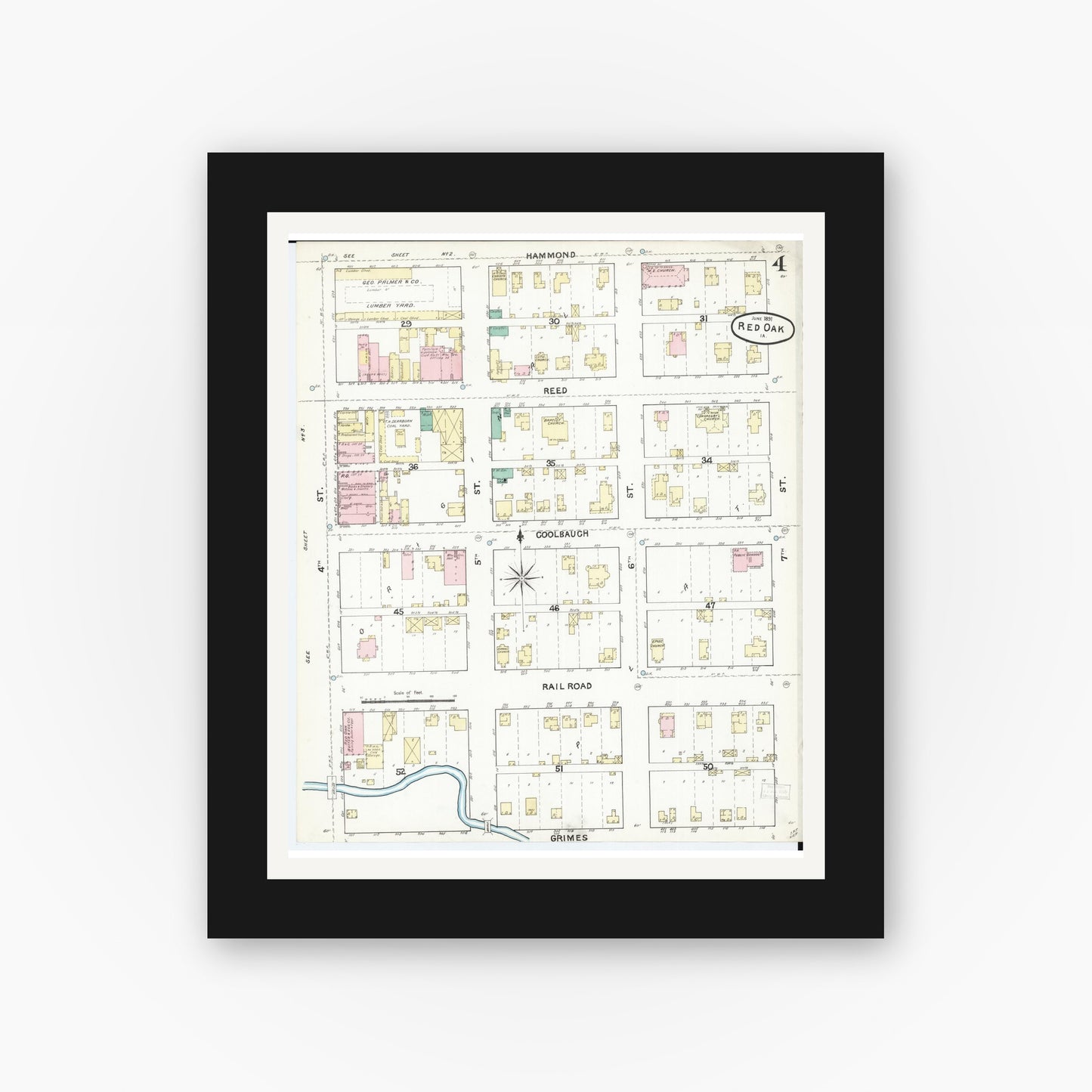 Old map wall art mockup — black gallery frame with white mat — Sanborn Fire Insurance Map from Red Oak, Montgomery County, Iowa (1891), Sheet #0004