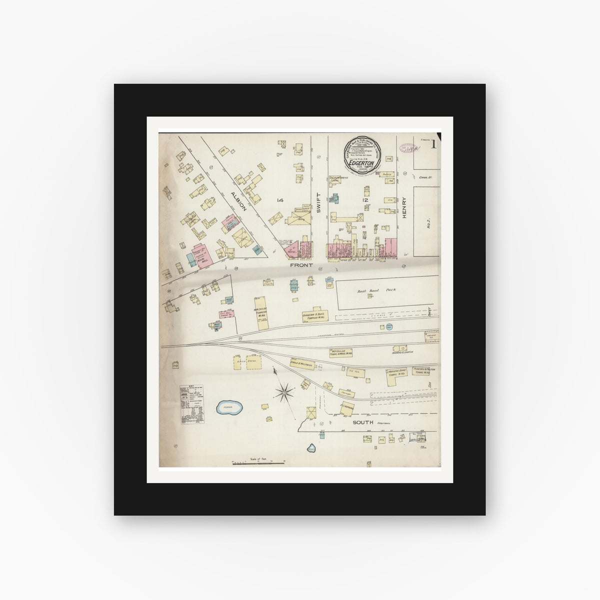 Old map wall art mockup — black gallery frame with white mat — Sanborn Fire Insurance Map from Edgerton, Rock County, Wisconsin (1886) - Complete Map Set