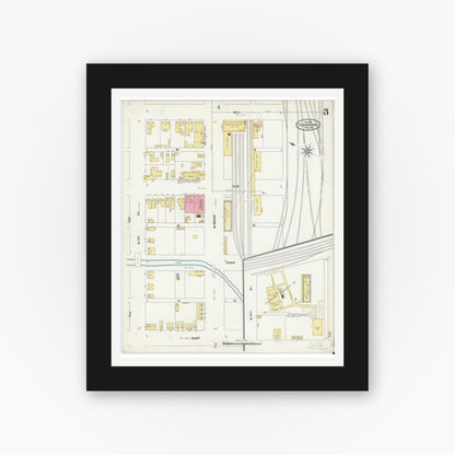 Old map wall art mockup — black gallery frame with white mat — Sanborn Fire Insurance Map from Texarkana, Bowie County, Texas (1905), Sheet #0003