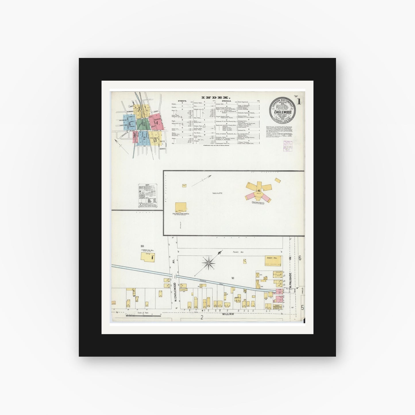 Old map wall art mockup — black gallery frame with white mat — Sanborn Fire Insurance Map from Englewood, Bergen County, New Jersey (1902) - Complete Map Set