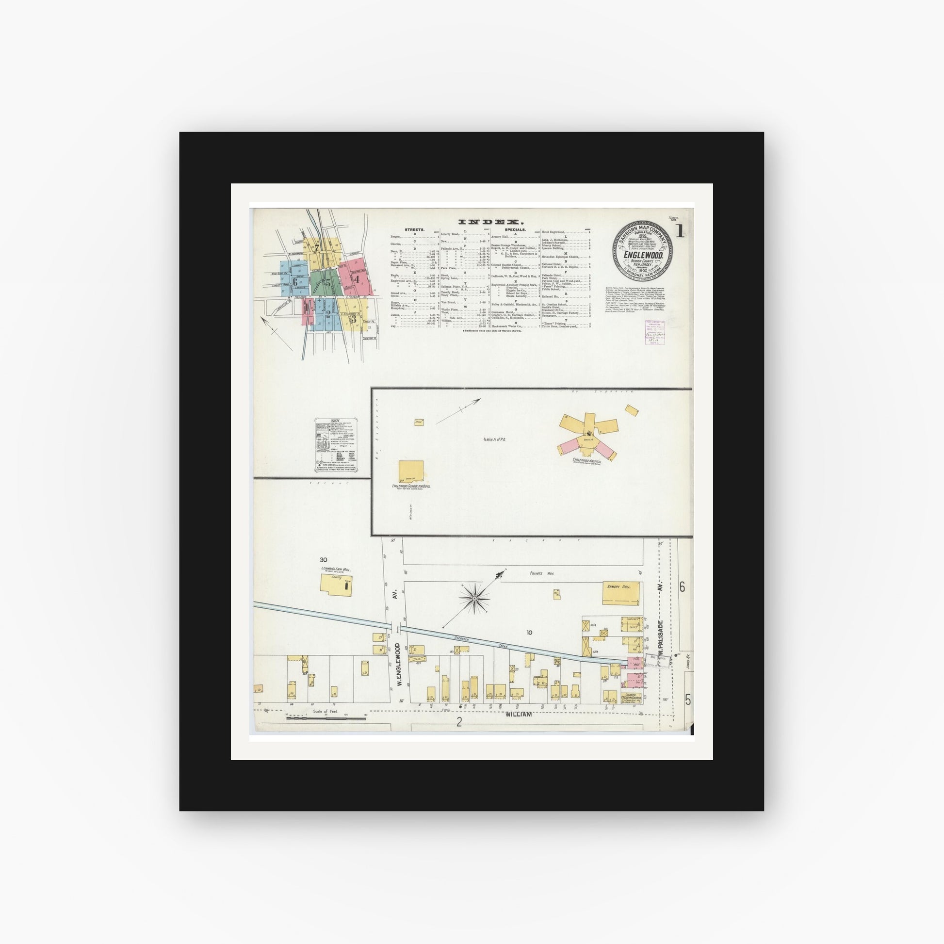 Old map wall art mockup — black gallery frame with white mat — Sanborn Fire Insurance Map from Englewood, Bergen County, New Jersey (1902) - Complete Map Set