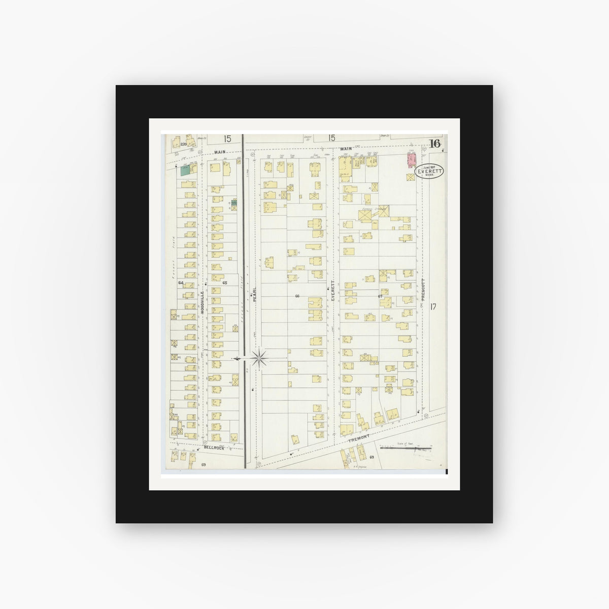 Old map wall art mockup — black gallery frame with white mat — Sanborn Fire Insurance Map from Everett, Middlesex County, Massachusetts (1897), Sheet #0016