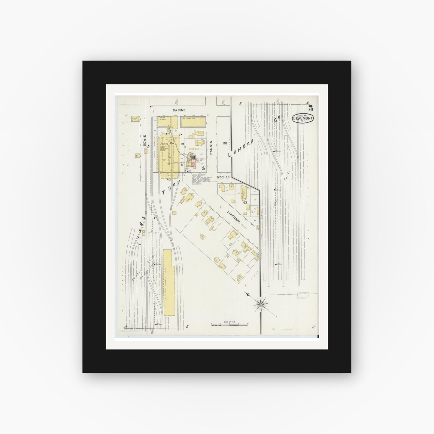 Old map wall art mockup — black gallery frame with white mat — Sanborn Fire Insurance Map from Beaumont, Jefferson County, Texas (1894), Sheet #0005