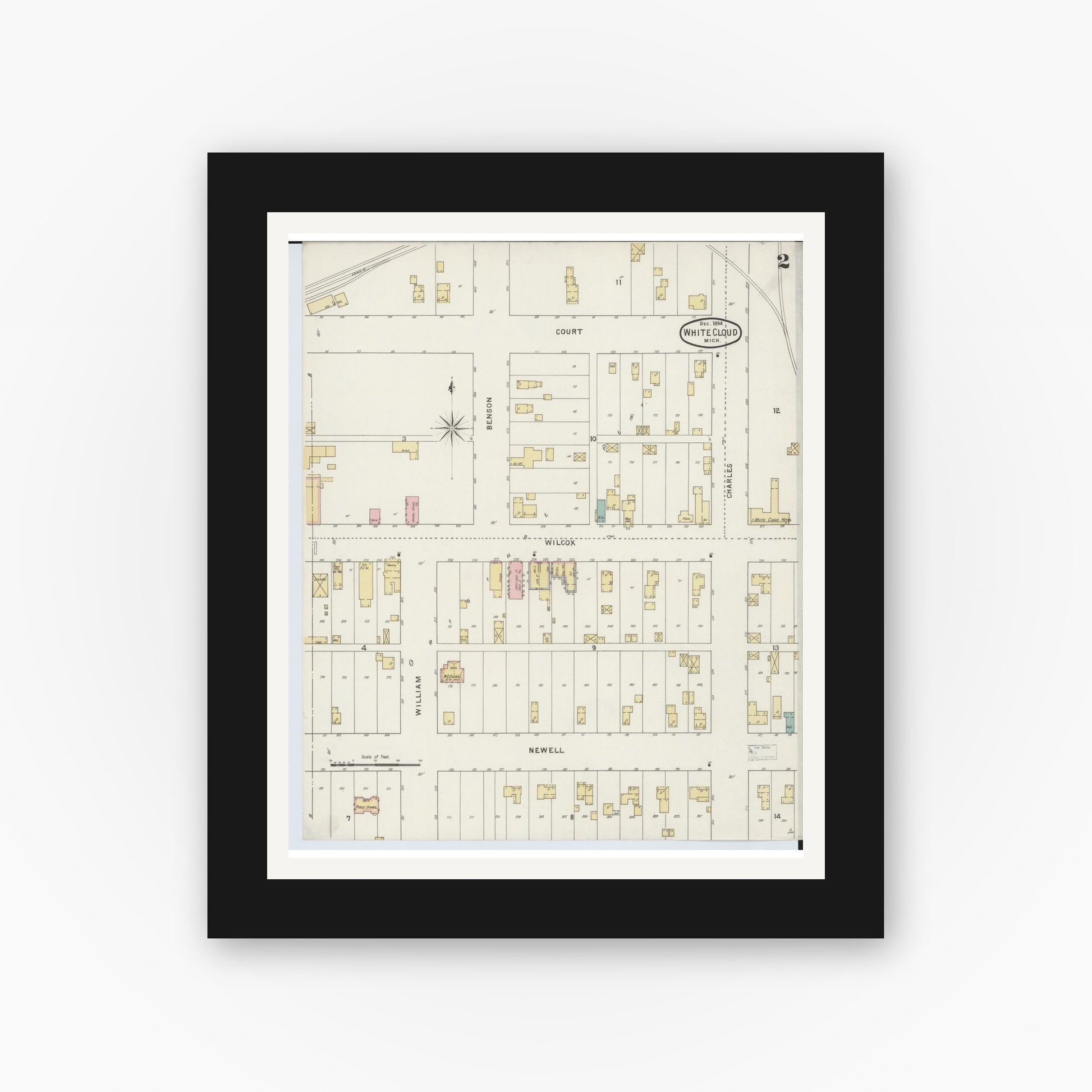 Old map wall art mockup — black gallery frame with white mat — Sanborn Fire Insurance Map from White Cloud, Newaygo County, Michigan (1894), Sheet #0002