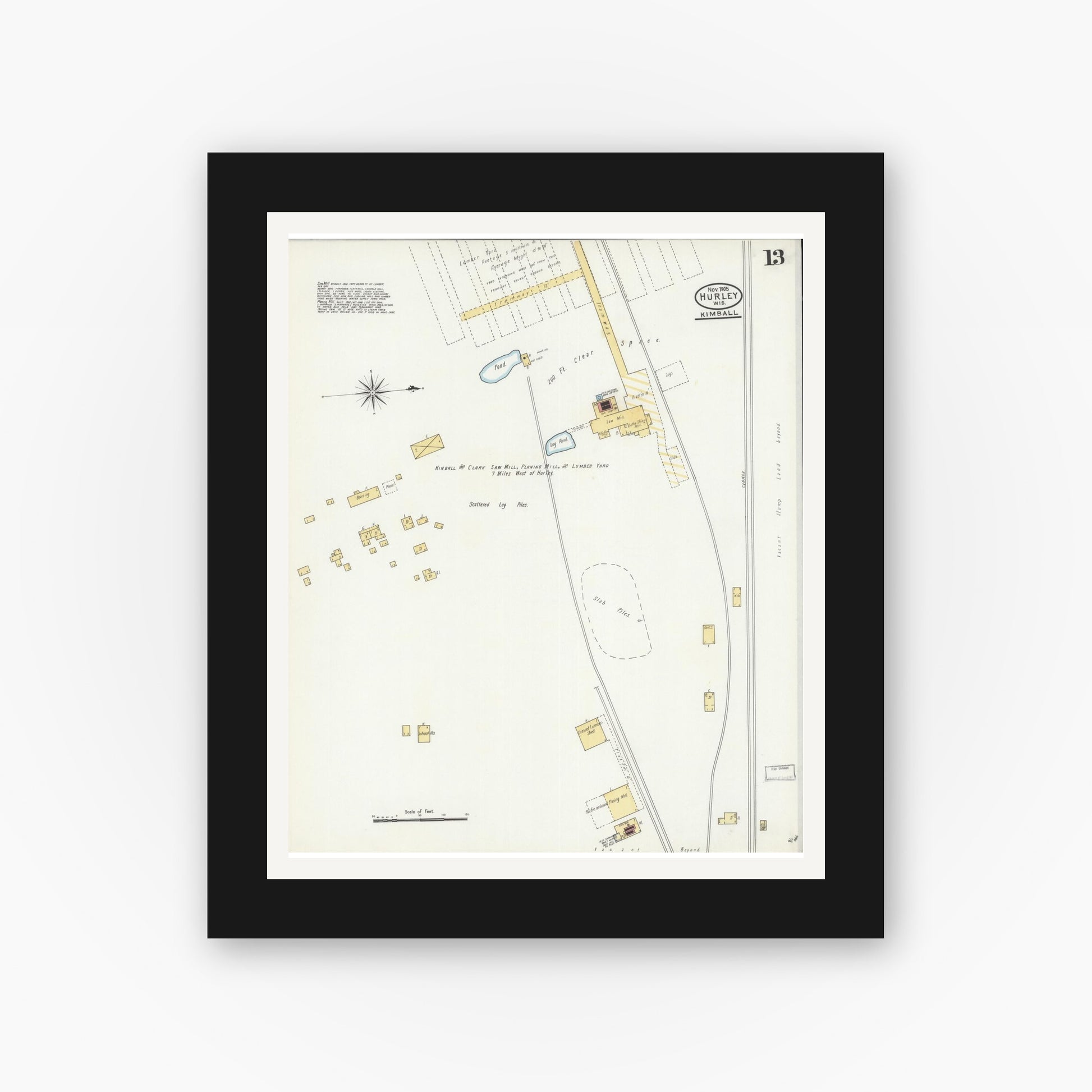 Old map wall art mockup — black gallery frame with white mat — Sanborn Fire Insurance Map from Hurley, Iron County, Wisconsin (1905), Sheet #0013