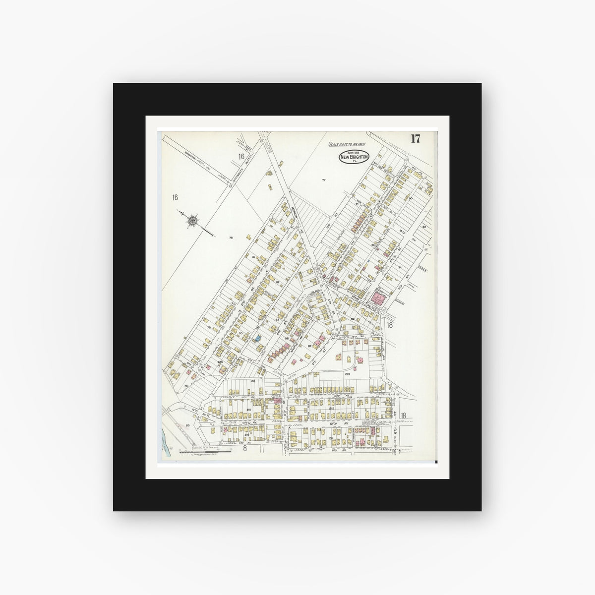 Old map wall art mockup — black gallery frame with white mat — Sanborn Fire Insurance Map from New Brighton, Beaver County, Pennsylvania (1918), Sheet #0017