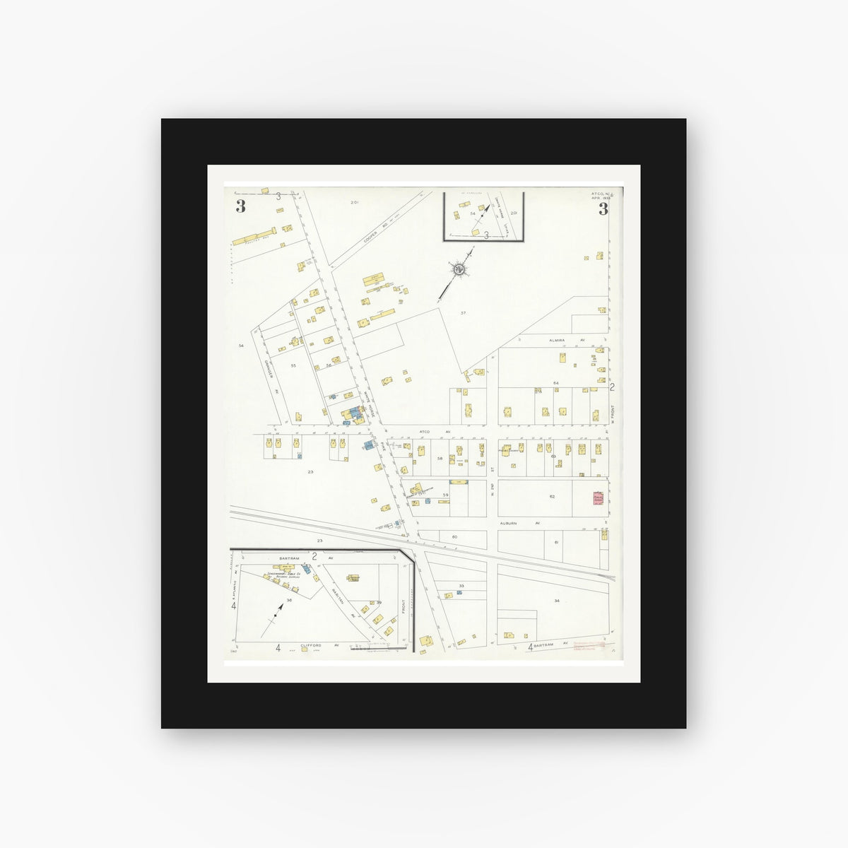 Old map wall art mockup — black gallery frame with white mat — Sanborn Fire Insurance Map from Atco, Camden County, New Jersey (1933), Sheet #0003