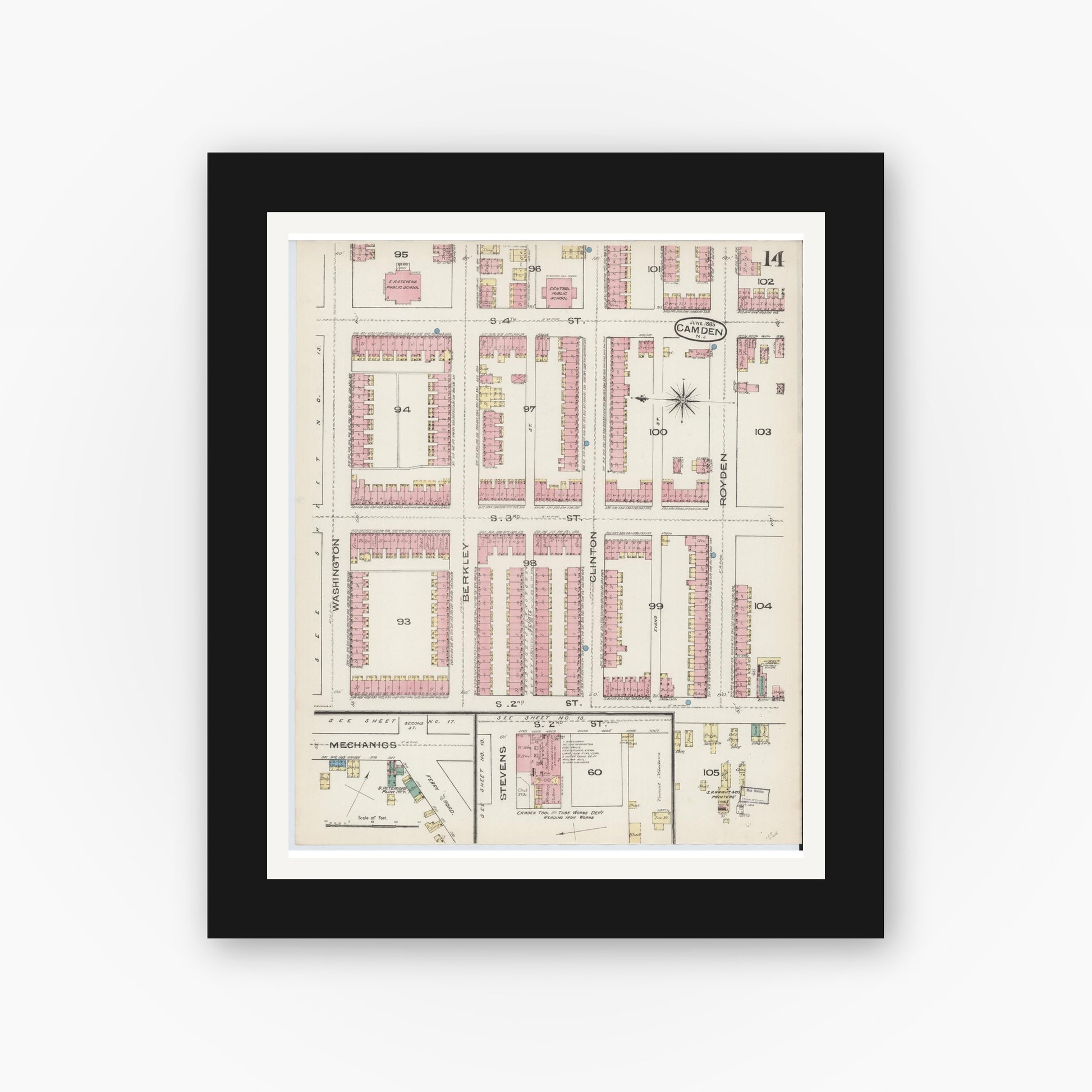 Old map wall art mockup — black gallery frame with white mat — Sanborn Fire Insurance Map from Camden, Camden County, New Jersey (1885), Sheet #0014