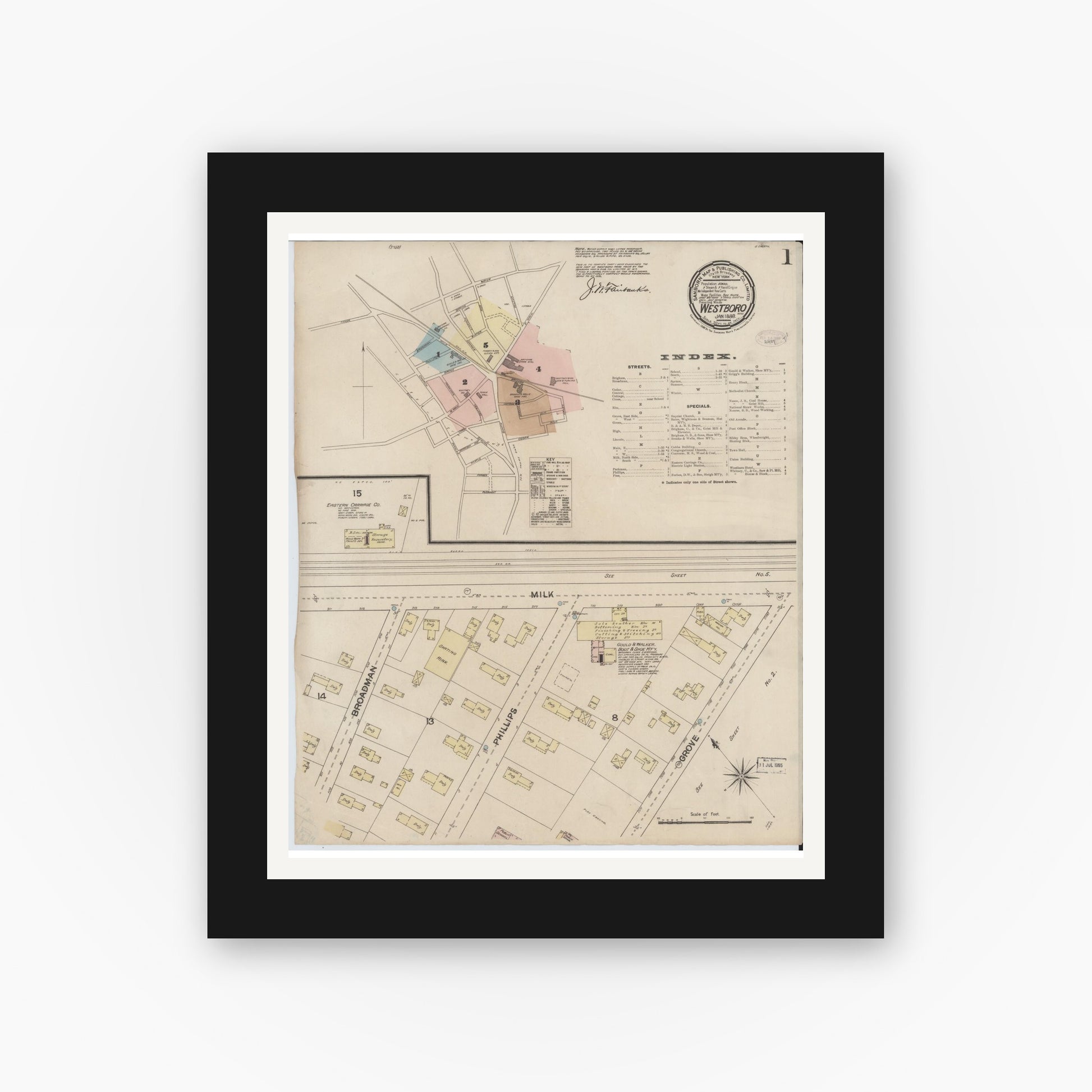 Old map wall art mockup — black gallery frame with white mat — Sanborn Fire Insurance Map from Westboro, Worcester County, Massachusetts (1888) - Complete Map Set