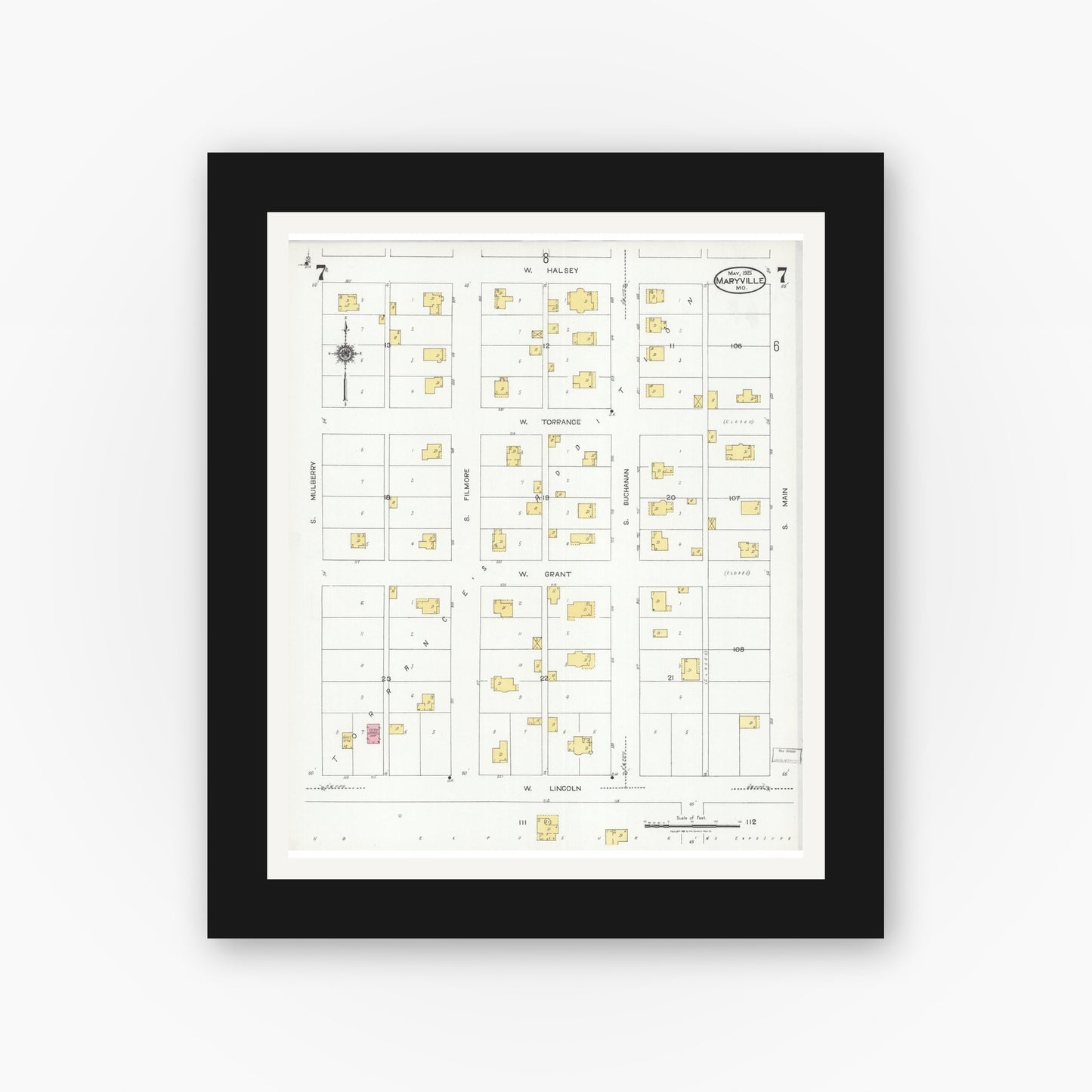 Old map wall art mockup — black gallery frame with white mat — Sanborn Fire Insurance Map from Maryville, Nodaway County, Missouri (1925), Sheet #0007