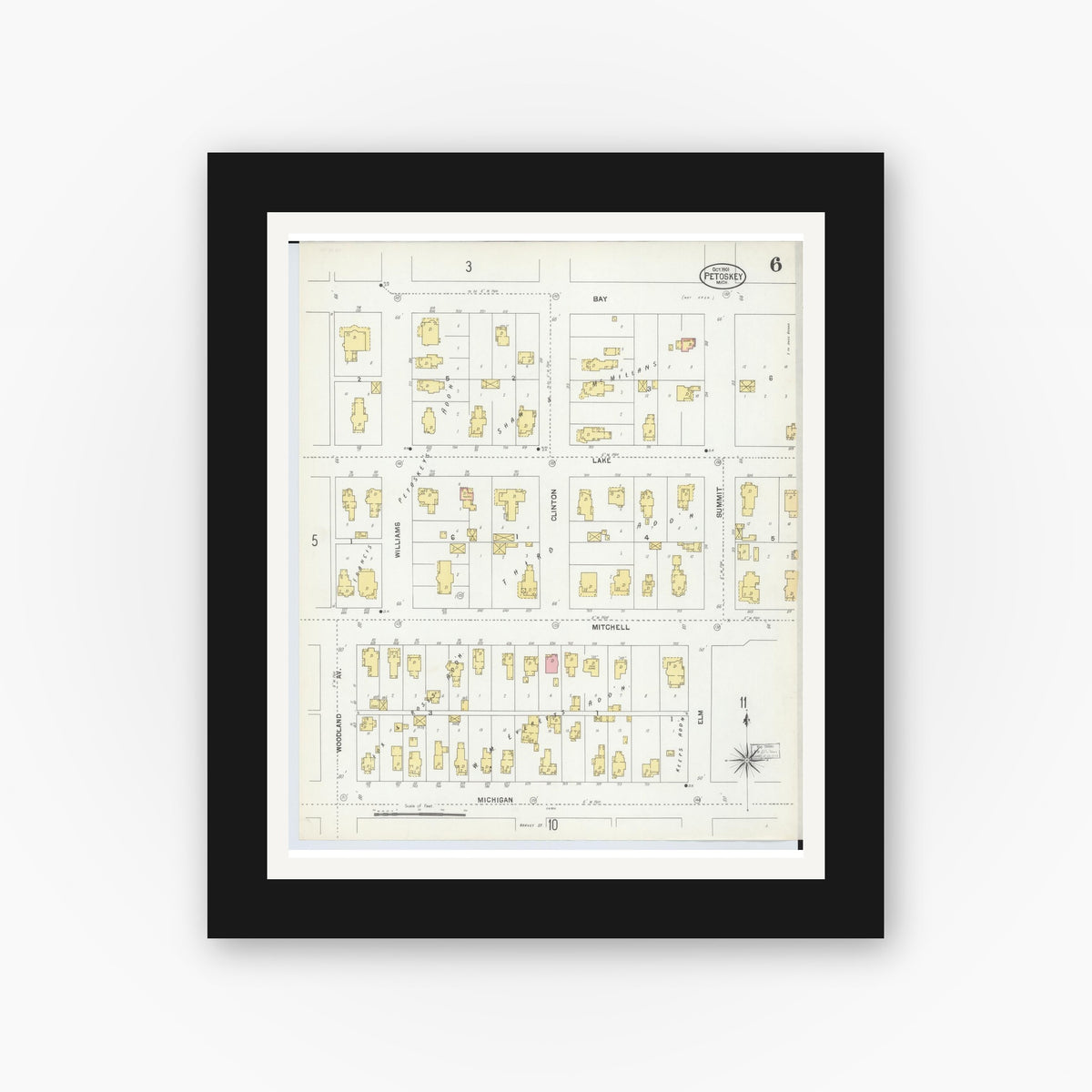 Old map wall art mockup — black gallery frame with white mat — Sanborn Fire Insurance Map from Petoskey, Emmet County, Michigan (1901), Sheet #0006