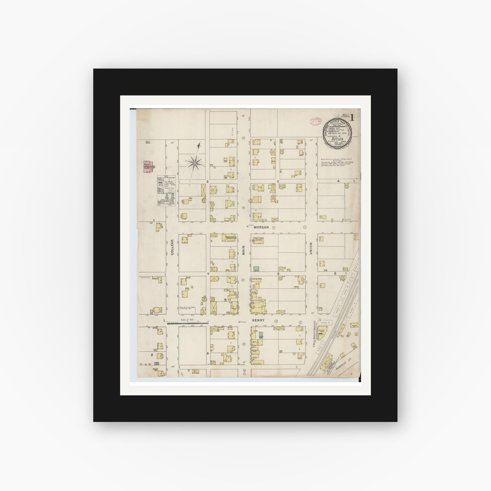 Old map wall art mockup — black gallery frame with white mat — Sanborn Fire Insurance Map from Butler, Richland County, Ohio (1885), Sheet #0001