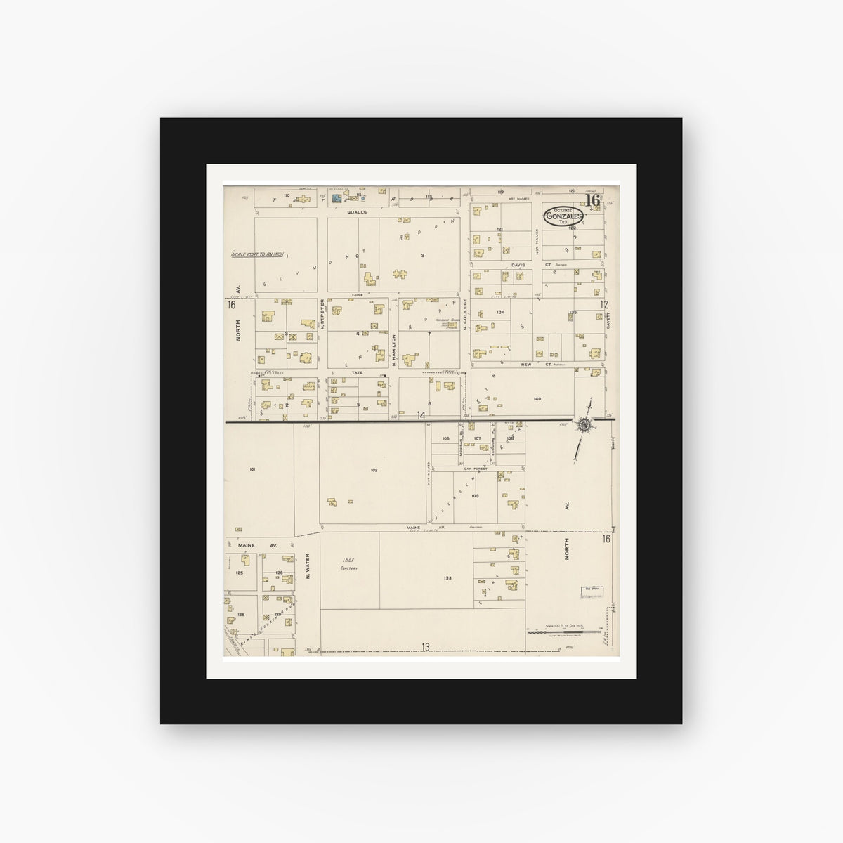 Old map wall art mockup — black gallery frame with white mat — Sanborn Fire Insurance Map from Gonzales, Gonzales County, Texas (1922), Sheet #0016